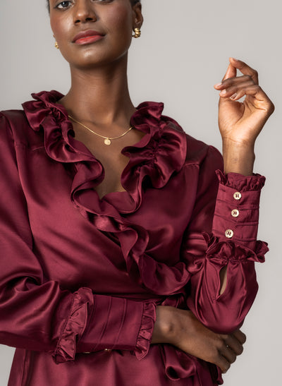 Vera Burgundy Frilly Cross Over Wrap Evening Shirt