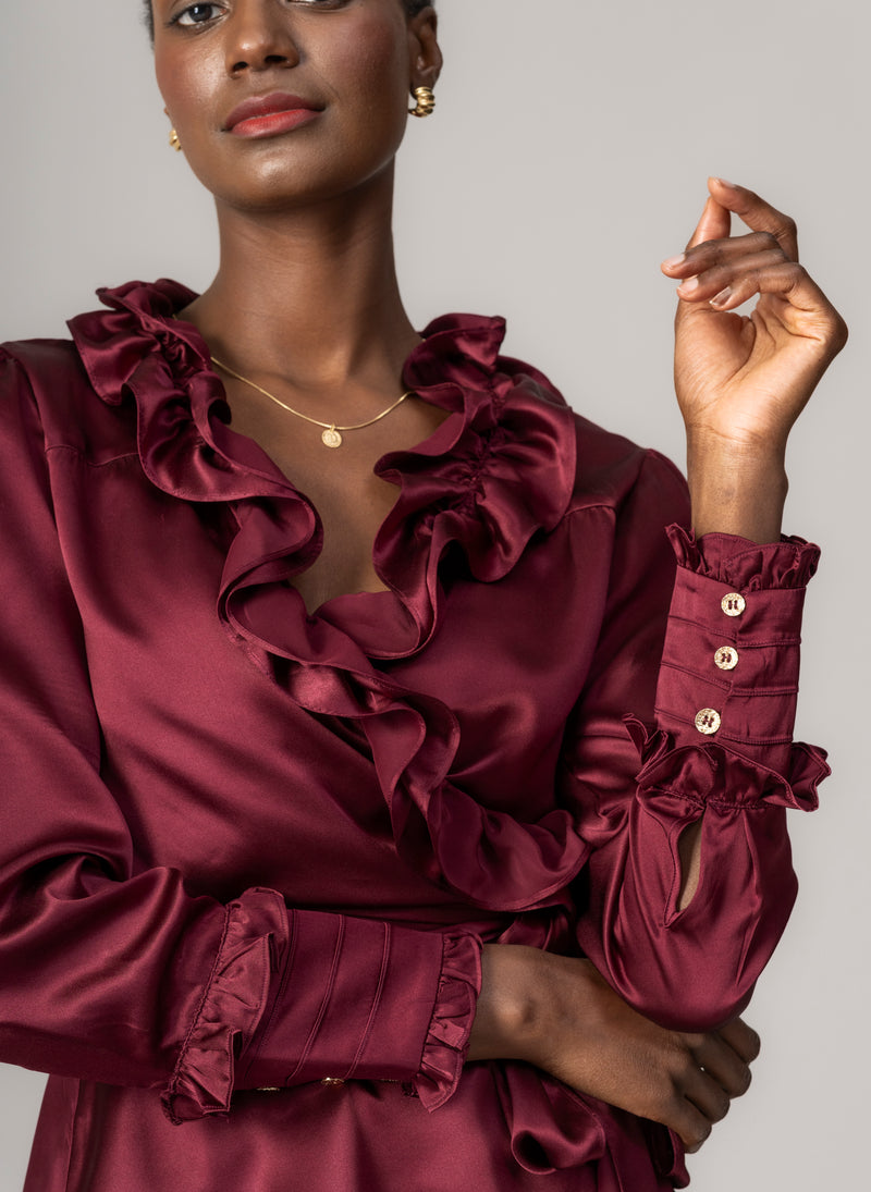 Vera Burgundy Frilly Cross Over Wrap Evening Shirt