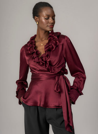 Vera Burgundy Frilly Cross Over Wrap Evening Shirt