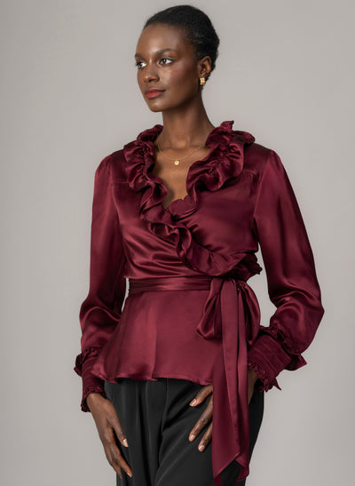Vera Burgundy Frilly Cross Over Wrap Evening Shirt