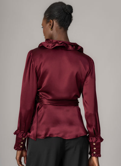 Vera Burgundy Frilly Cross Over Wrap Evening Shirt