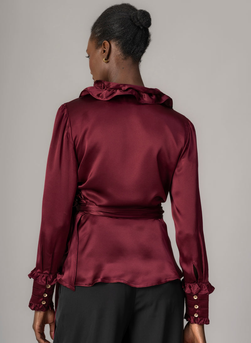 Vera Burgundy Frilly Cross Over Wrap Evening Shirt