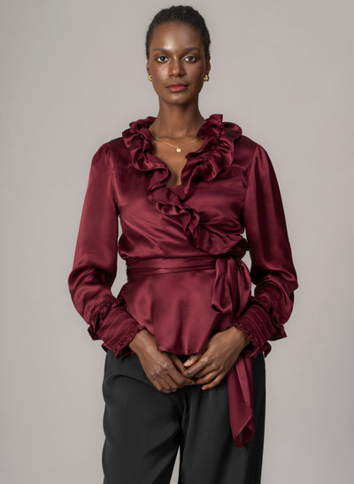 Vera Burgundy Frilly Cross Over Wrap Evening Shirt