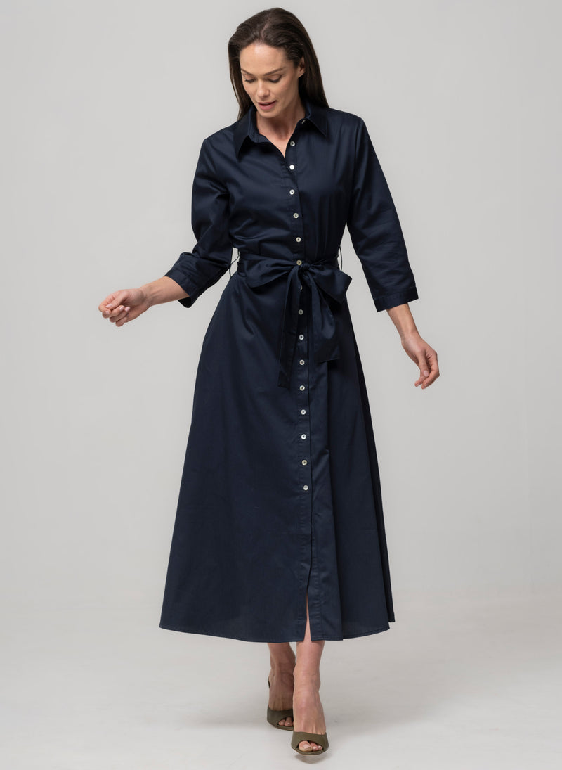 VERONICA NAVY COTTON BUTTON DOWN MIDAXI SHIRT DRESS