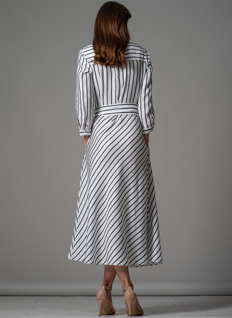 VERONICA COTTON BUTTON DOWN SHIRT DRESS IN NAVY AND WHITE STRIPE
