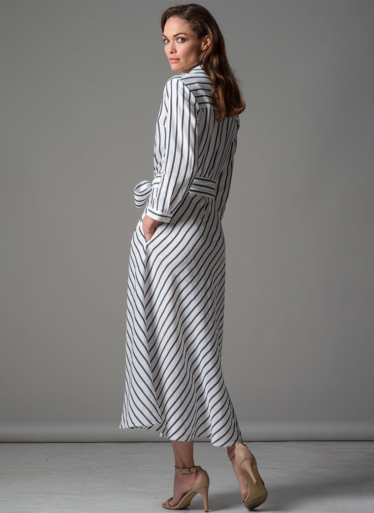 VERONICA COTTON BUTTON DOWN MIDAXI SHIRT DRESS IN NAVY AND WHITE STRIPE