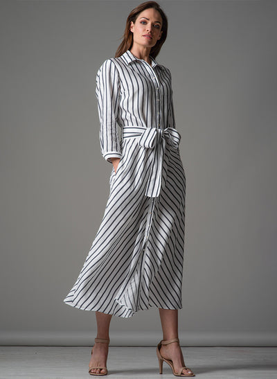 VERONICA COTTON BUTTON DOWN MIDAXI SHIRT DRESS IN NAVY AND WHITE STRIPE