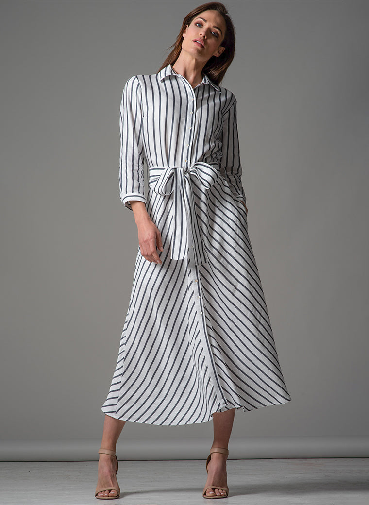 VERONICA COTTON BUTTON DOWN SHIRT DRESS IN NAVY AND WHITE STRIPE