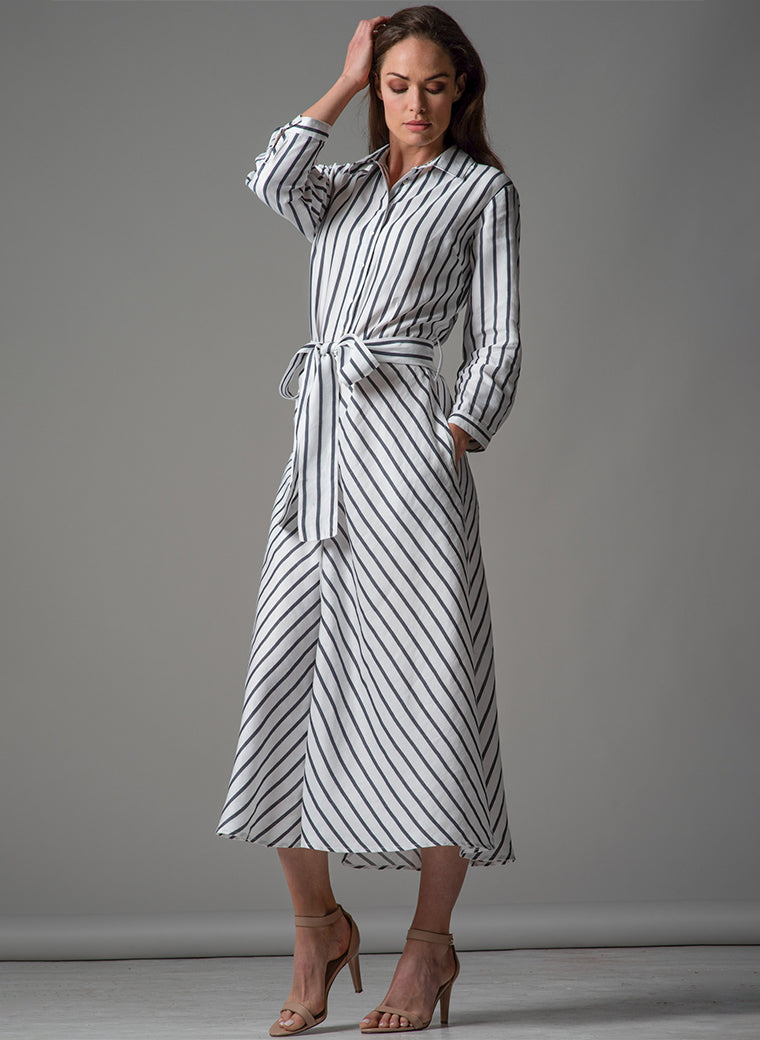 VERONICA COTTON BUTTON DOWN MIDAXI SHIRT DRESS IN NAVY AND WHITE STRIPE