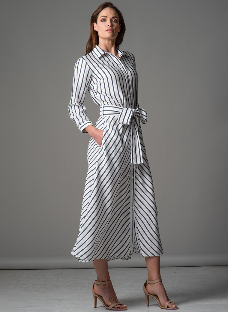 VERONICA COTTON BUTTON DOWN SHIRT DRESS IN NAVY AND WHITE STRIPE