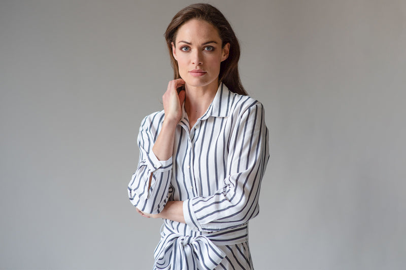 VERONICA COTTON BUTTON DOWN SHIRT DRESS IN NAVY AND WHITE STRIPE