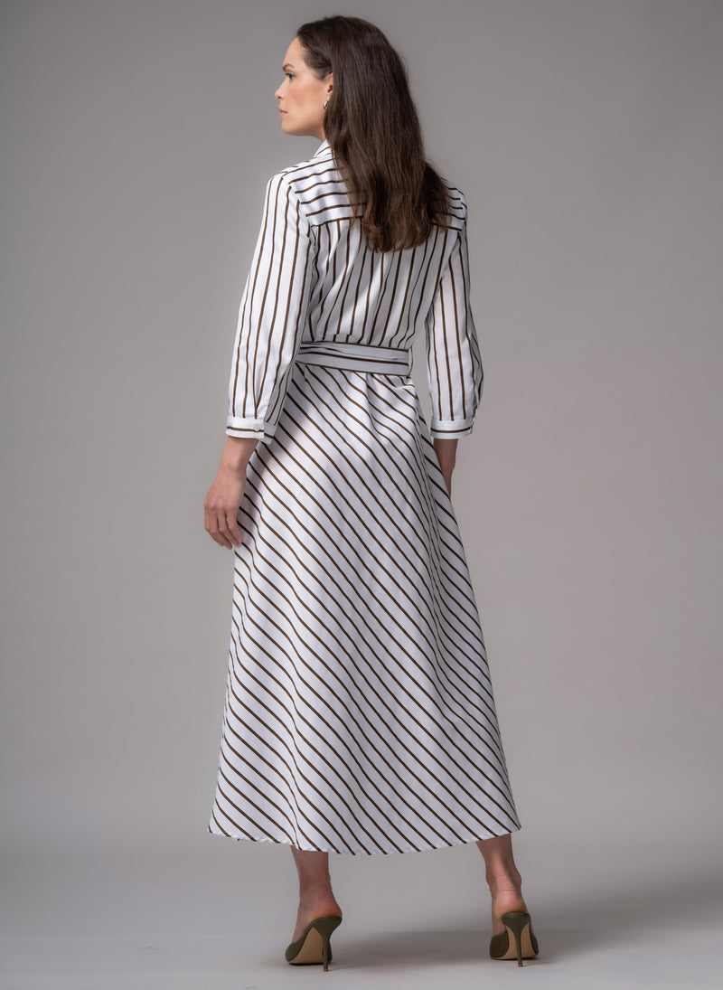 Veronica Chocolate & White Stripe Cotton Button Down Midaxi Shirt Dress