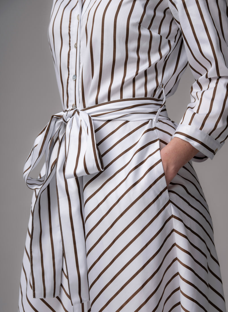 Veronica Chocolate & White Stripe Cotton Button Down Midaxi Shirt Dress