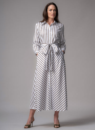 Veronica Chocolate & White Stripe Cotton Button Down Midaxi Shirt Dress