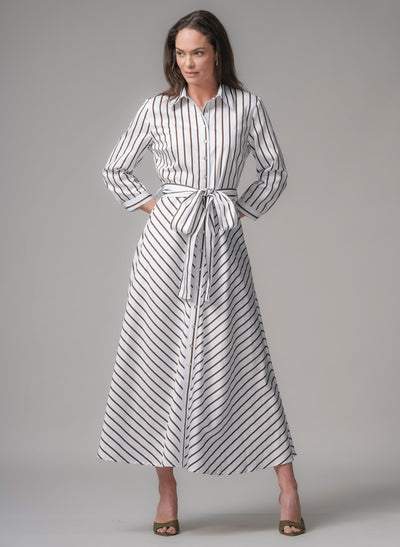 Veronica Chocolate & White Stripe Cotton Button Down Midaxi Shirt Dress
