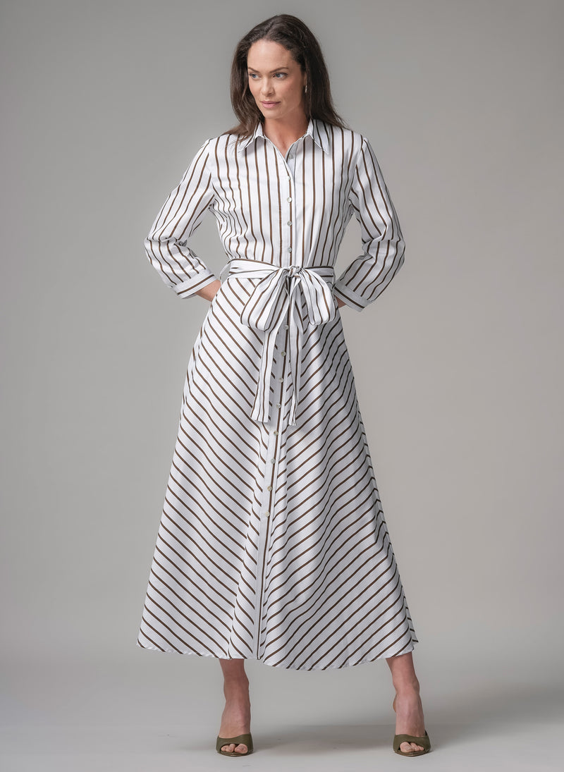 Veronica Chocolate & White Stripe Cotton Button Down Midaxi Shirt Dress