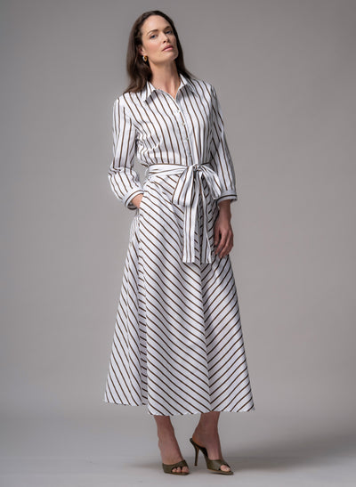 Veronica Chocolate & White Stripe Cotton Button Down Midaxi Shirt Dress