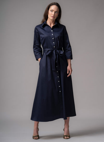 Veronica Navy Cotton Button Down Midaxi Shirt Dress