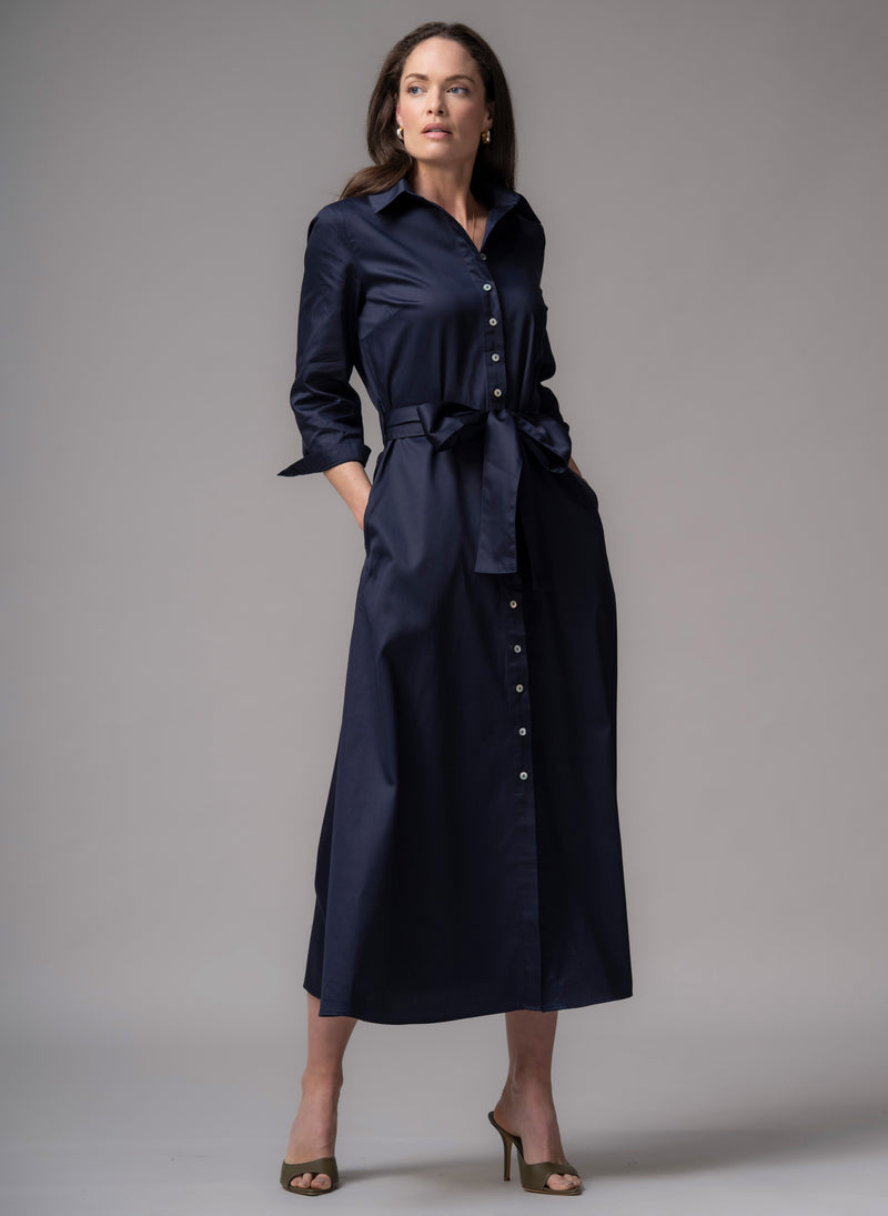 Veronica Navy Cotton Button Down Midaxi Shirt Dress
