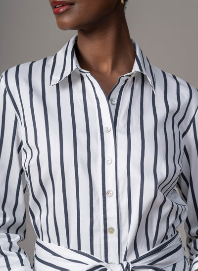 Veronica Navy & White Stripe Cotton Button Down Midaxi Shirt Dress