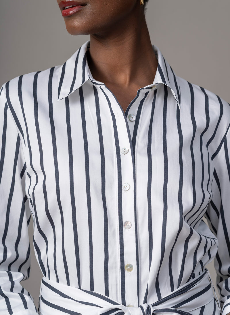 Veronica Navy & White Stripe Cotton Button Down Midaxi Shirt Dress