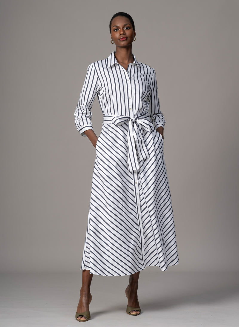 Veronica Navy & White Stripe Cotton Button Down Midaxi Shirt Dress