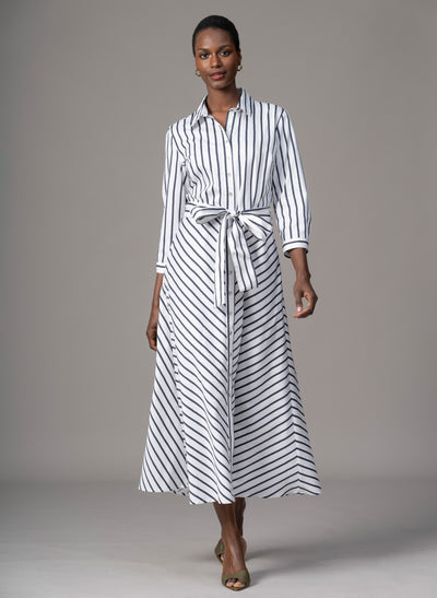 Veronica Navy & White Stripe Cotton Button Down Midaxi Shirt Dress