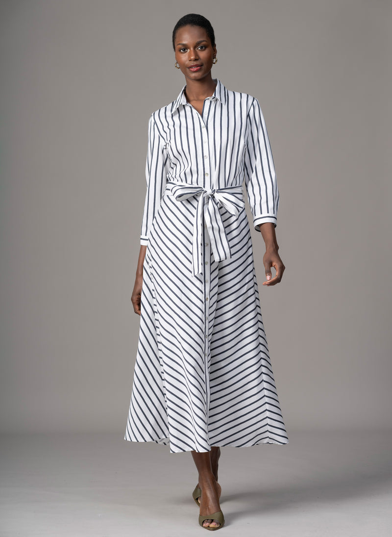 Veronica Navy & White Stripe Cotton Button Down Midaxi Shirt Dress