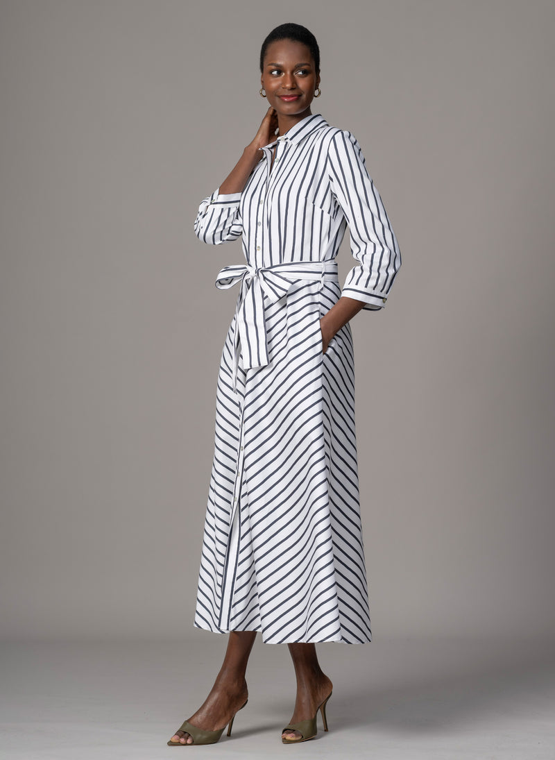 Veronica Navy & White Stripe Cotton Button Down Midaxi Shirt Dress