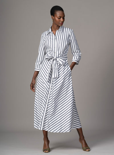 Veronica Navy & White Stripe Cotton Button Down Midaxi Shirt Dress
