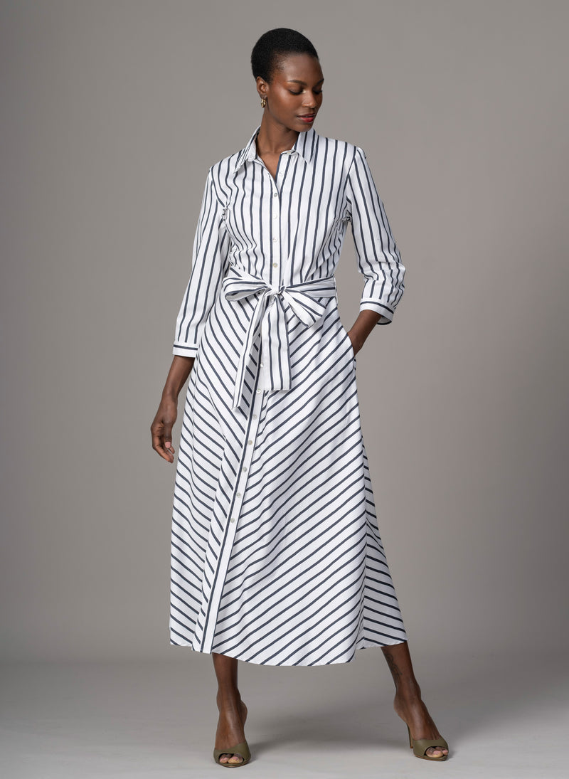Veronica Navy & White Stripe Cotton Button Down Midaxi Shirt Dress