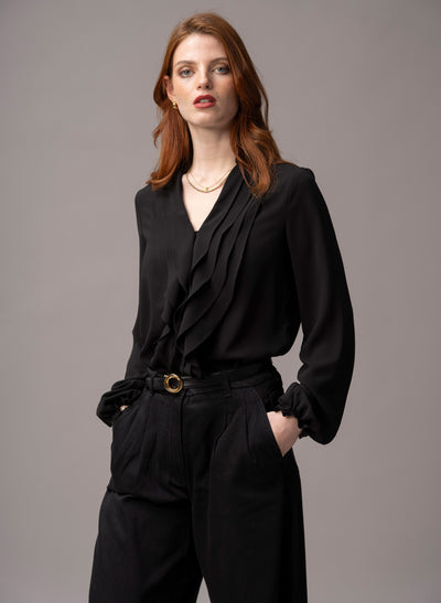 Victoria Black Ruffled Evening Blouse