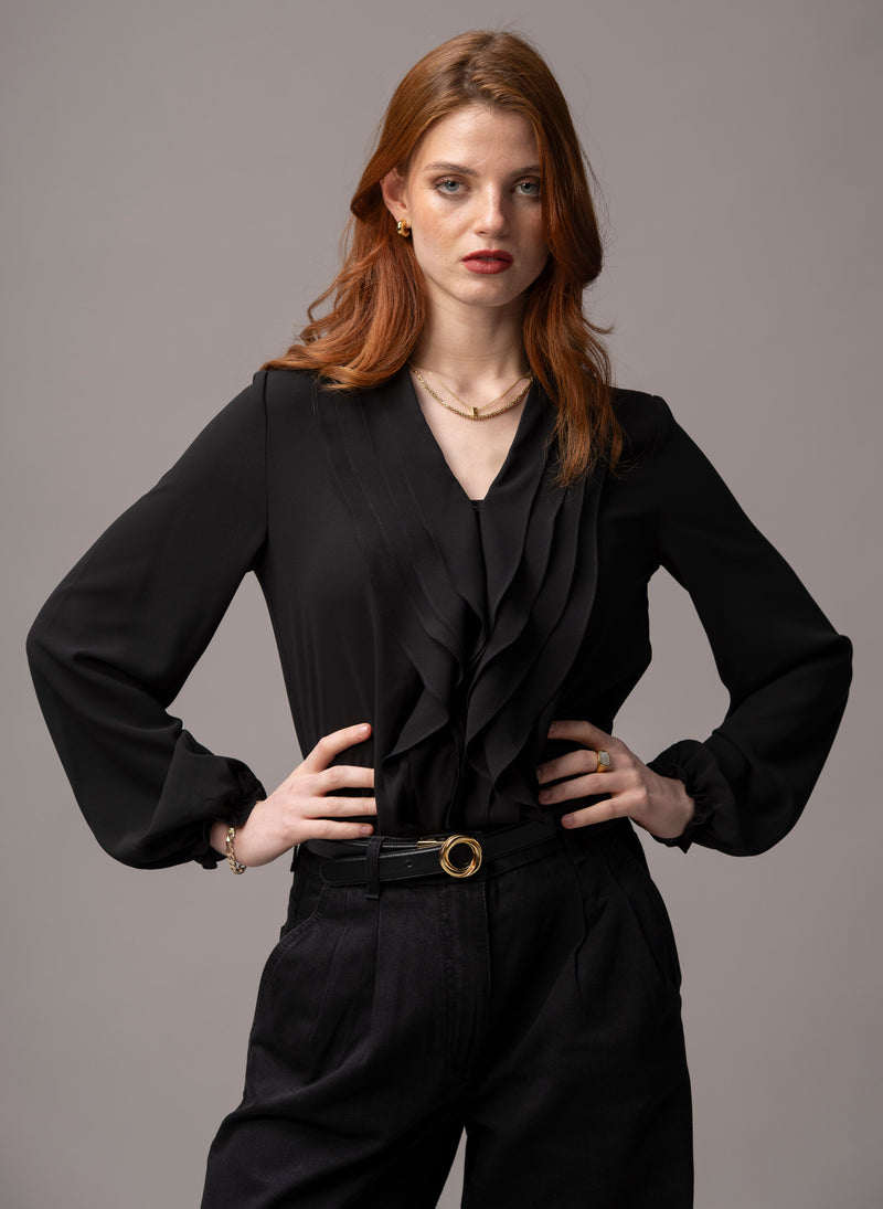 Victoria Black Ruffled Evening Blouse