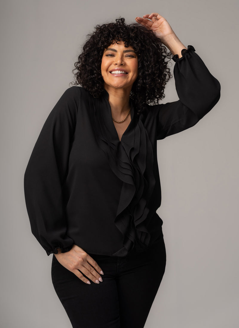 Victoria Curve Black Blouse with Ruffled Front | Curvy Shirts and ...