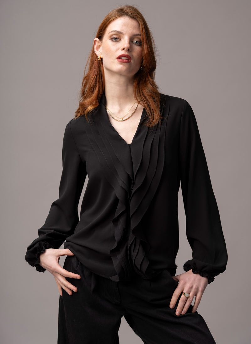 Victoria Black Ruffled Evening Blouse