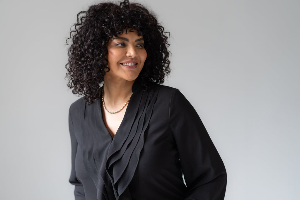 Victoria Curve Relaxed Fit Ruffle Front Blouse Drapey Georgette