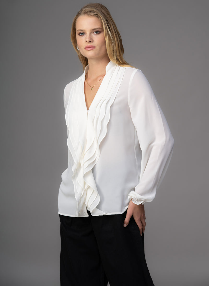 Victoria Ivory Semi Fitted Blouse with Ruffle Front The Shirt