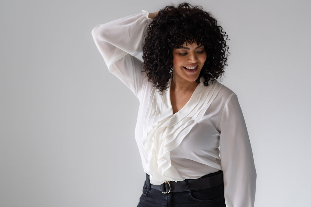 Victoria Curve Relaxed Fit Ruffle Front Blouse Drapey Georgette