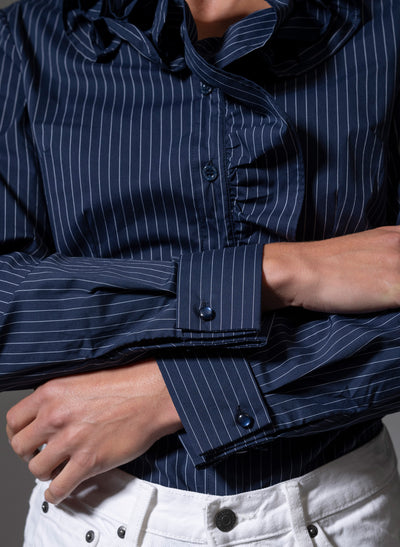Willow Navy & White Stripe Ruffle Collar Shirt