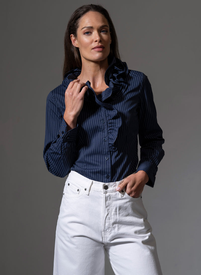 Willow Navy & White Stripe Ruffle Collar Shirt
