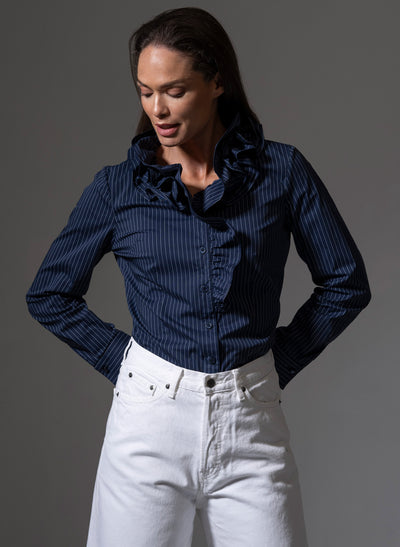 Willow Navy & White Stripe Ruffle Collar Shirt