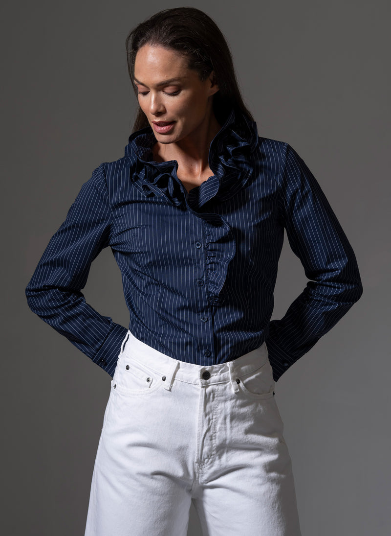 Willow Navy & White Stripe Ruffle Collar Shirt