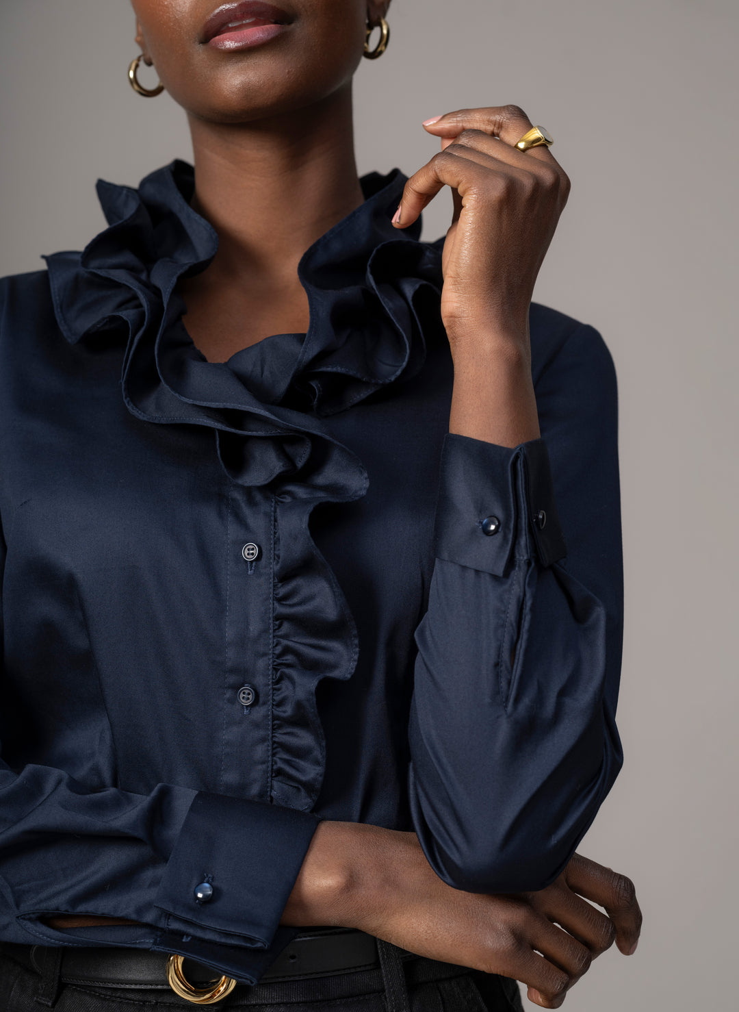 navy blue ruffle shirt