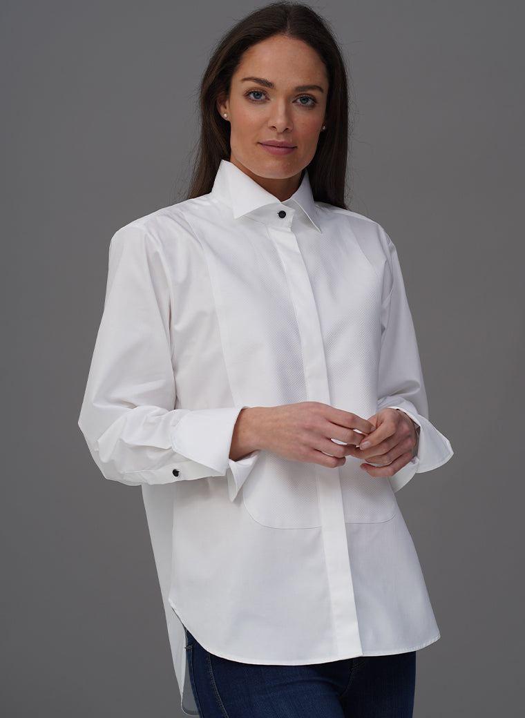 LE SMOKING WHITE ORGANIC COTTON TUXEDO STYLE SHIRT
