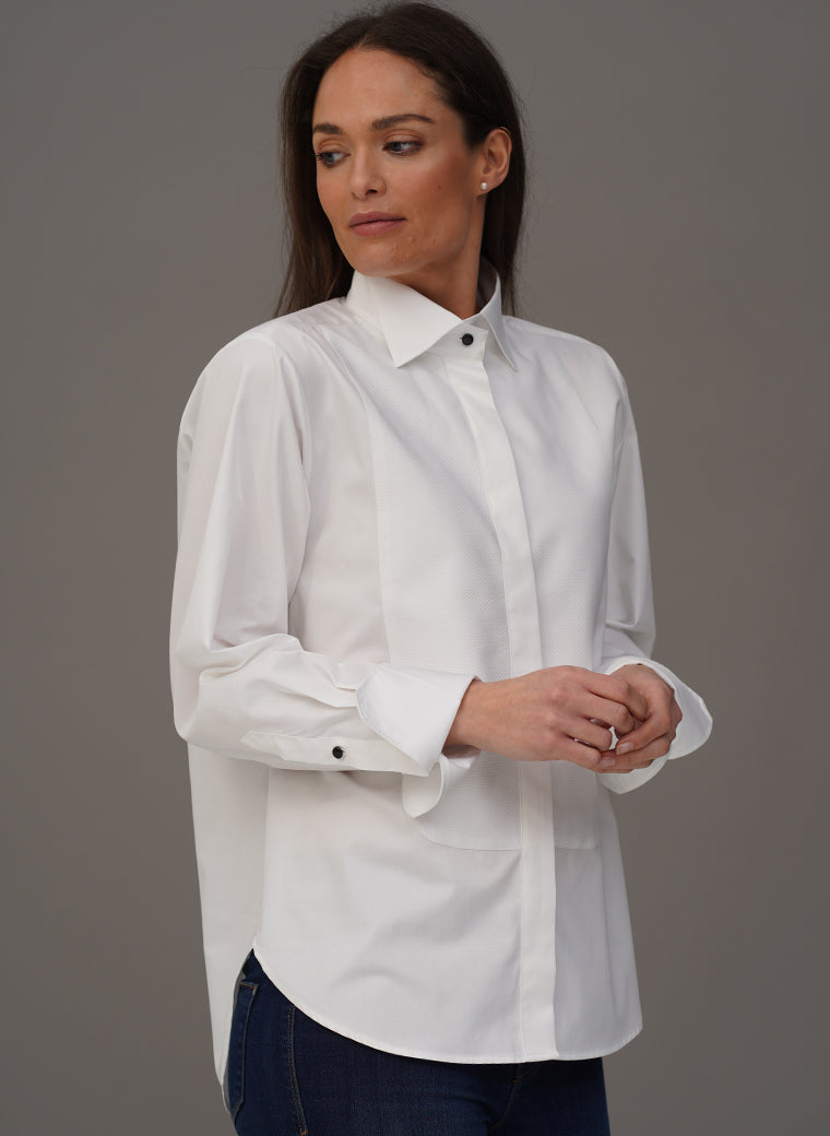 LE SMOKING WHITE ORGANIC COTTON TUXEDO STYLE SHIRT