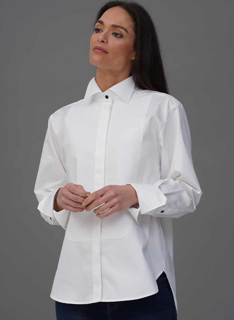 LE SMOKING WHITE ORGANIC COTTON TUXEDO STYLE SHIRT