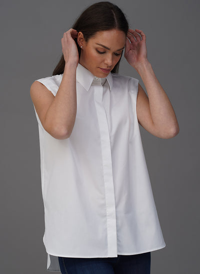 MARLENE WHITE ORGANIC COTTON OVERSIZED SLEEVELESS BUTTON DOWN SHIRT