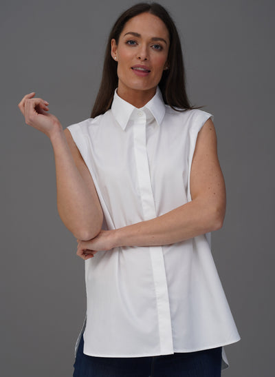 MARLENE WHITE ORGANIC COTTON OVERSIZED SLEEVELESS BUTTON DOWN SHIRT