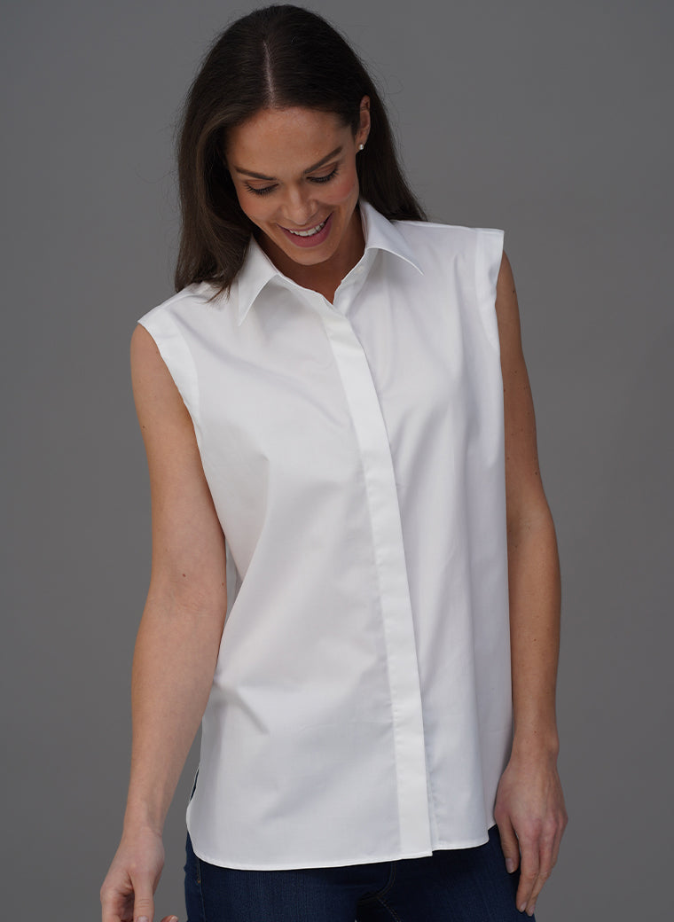 MARLENE WHITE ORGANIC COTTON OVERSIZED SLEEVELESS BUTTON DOWN SHIRT