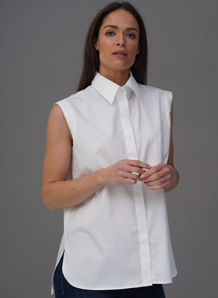 MARLENE WHITE ORGANIC COTTON OVERSIZED SLEEVELESS BUTTON DOWN SHIRT